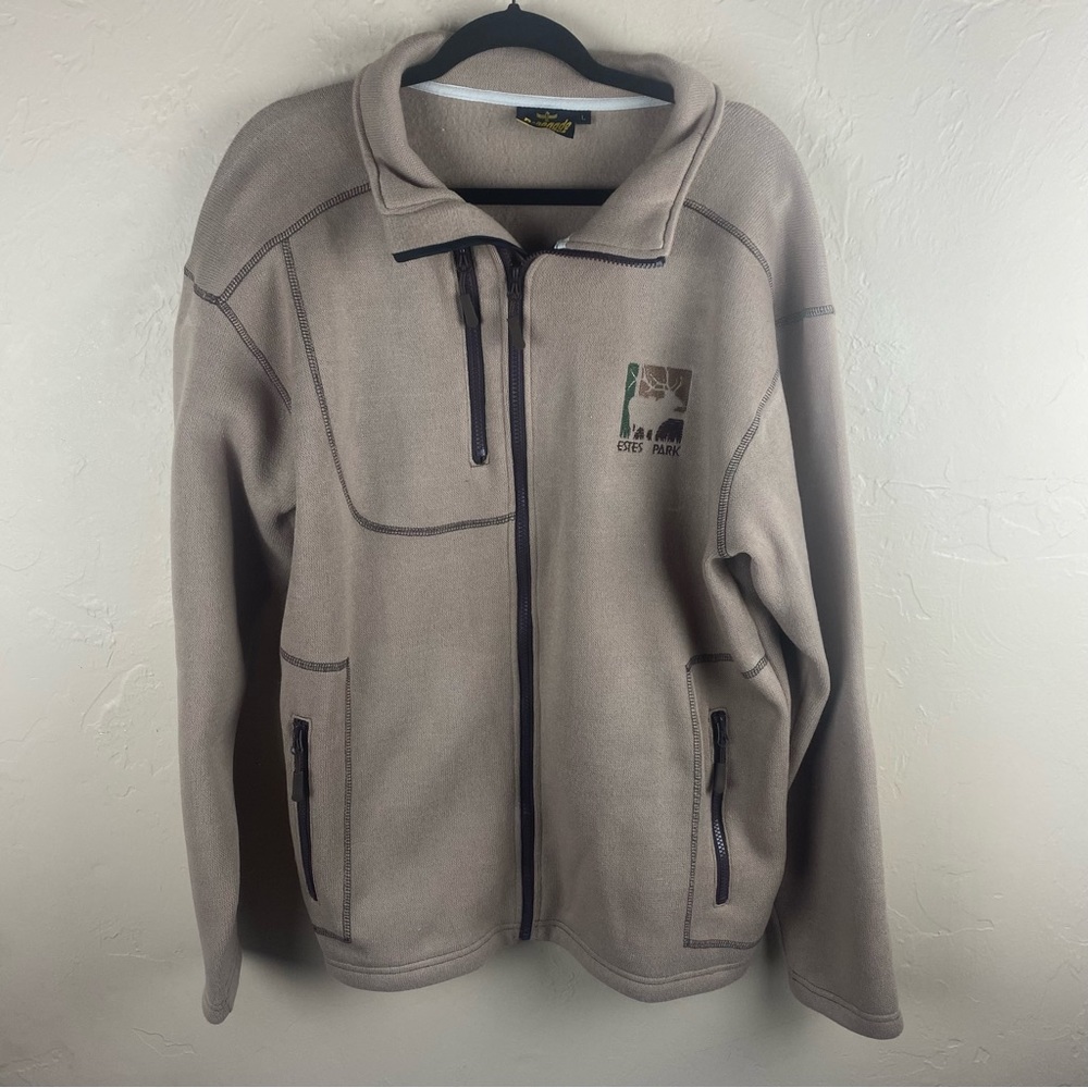 Renegade Estes Park Tan Brown Moose Zippered Sweater Jacket Mens Large Moose
